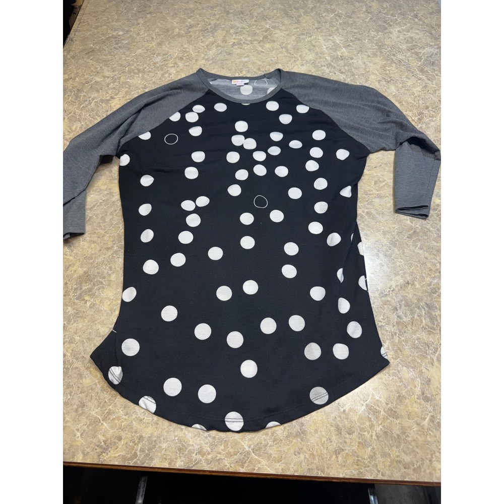 LuLaRoe Randy Baseball Tee Womens Medium Black Polka Dot Gray Raglan Top